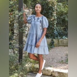 Mi Golondrina Isabella Embroidered Puff Sleeve Dress - Navy, light blue, beige